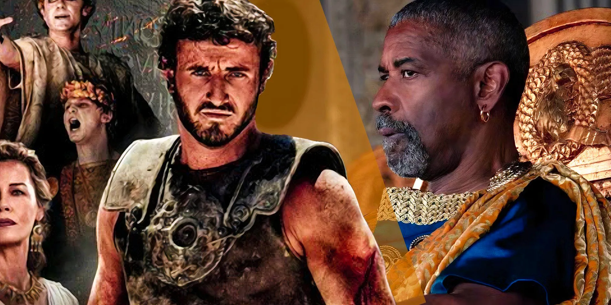 Denzel Washington as Macrinus in Gladiator II (2024) next to the official poster for the film starring Paul Mescal as Lucius Image