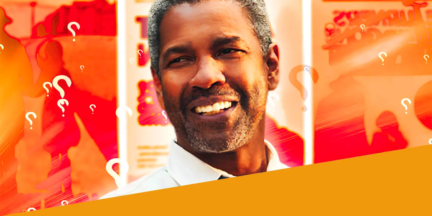 Denzel Washington In Front of August Wilson Book Covers with Question Marks Image