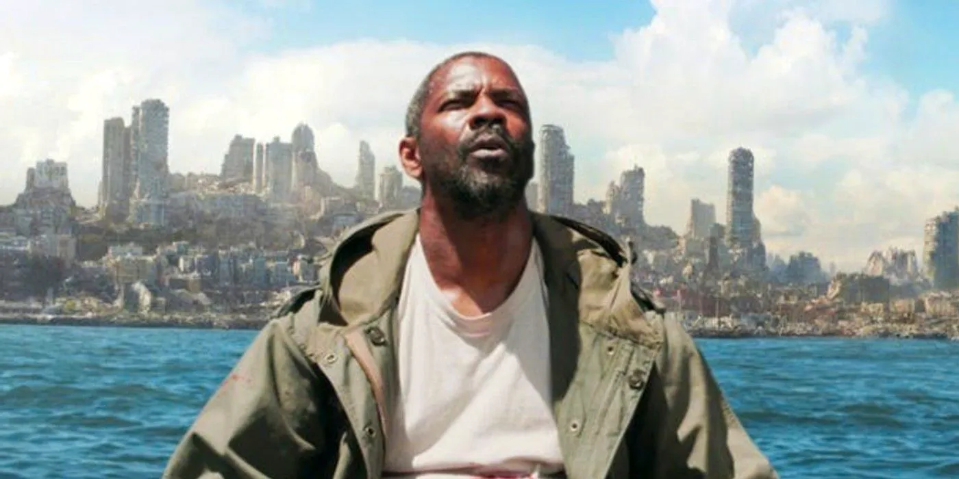 Denzel Washington looking up with a post-apocalyptic city behind him in The Book of Eli Image