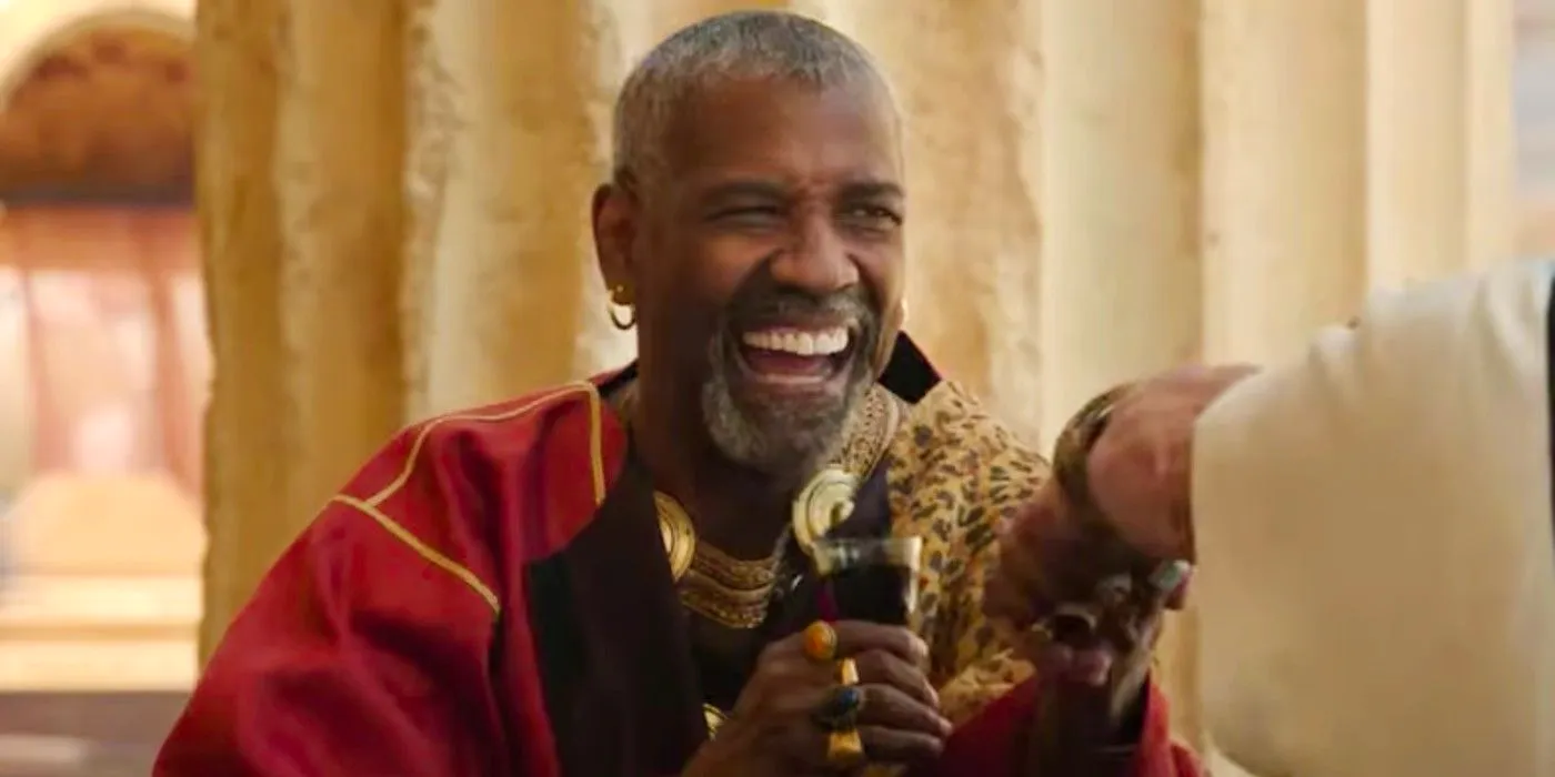 Denzel Washington Smiling and shaking someone's hand in Gladiator 2 Image