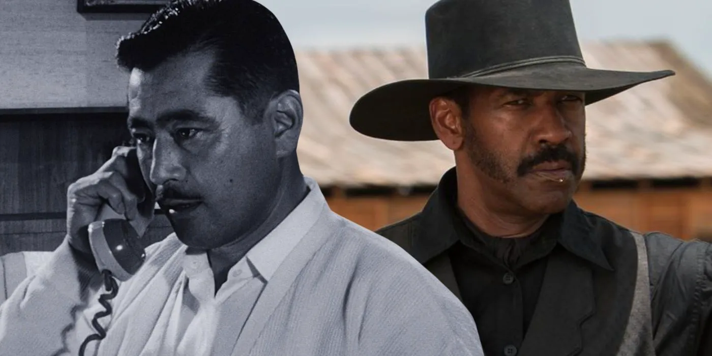 Denzel Washington standing in Magnificent Seven and Toshiro Mifune on the phone in High and Low Image