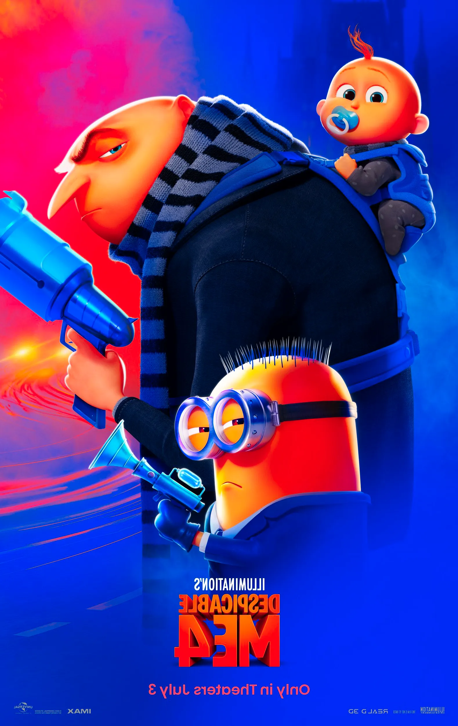 Despicable Me 4 Poster showing Gru with his son and a Minon holding a gun Image