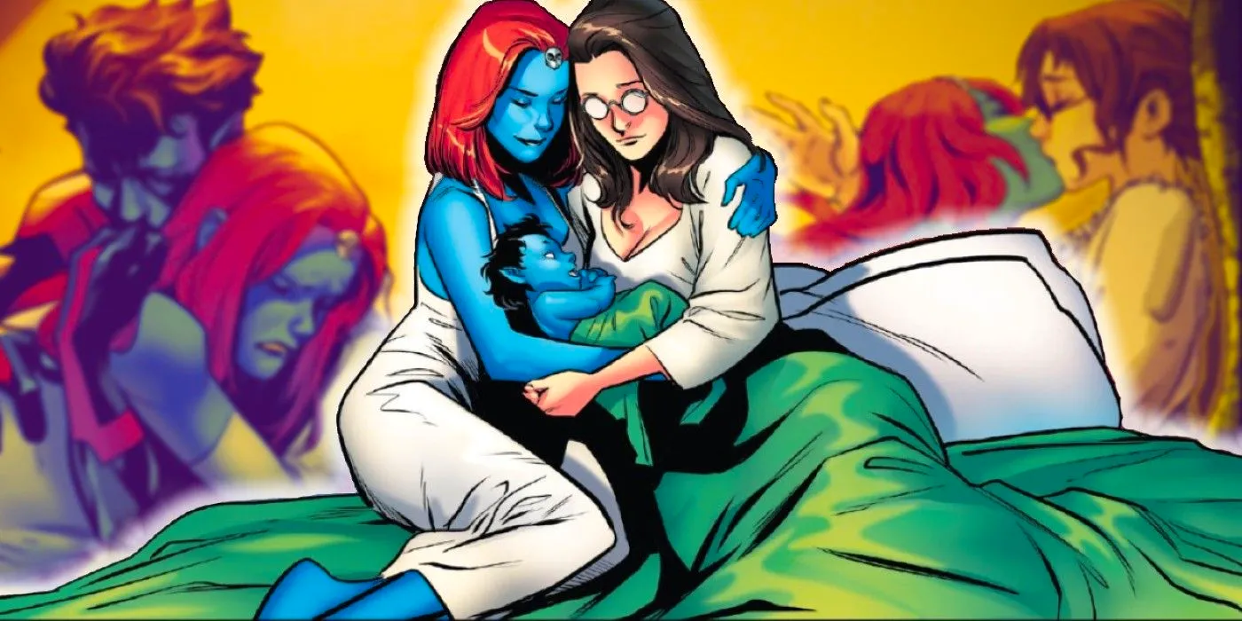 Destiny and Mystique holding Nightcrawler collage Image