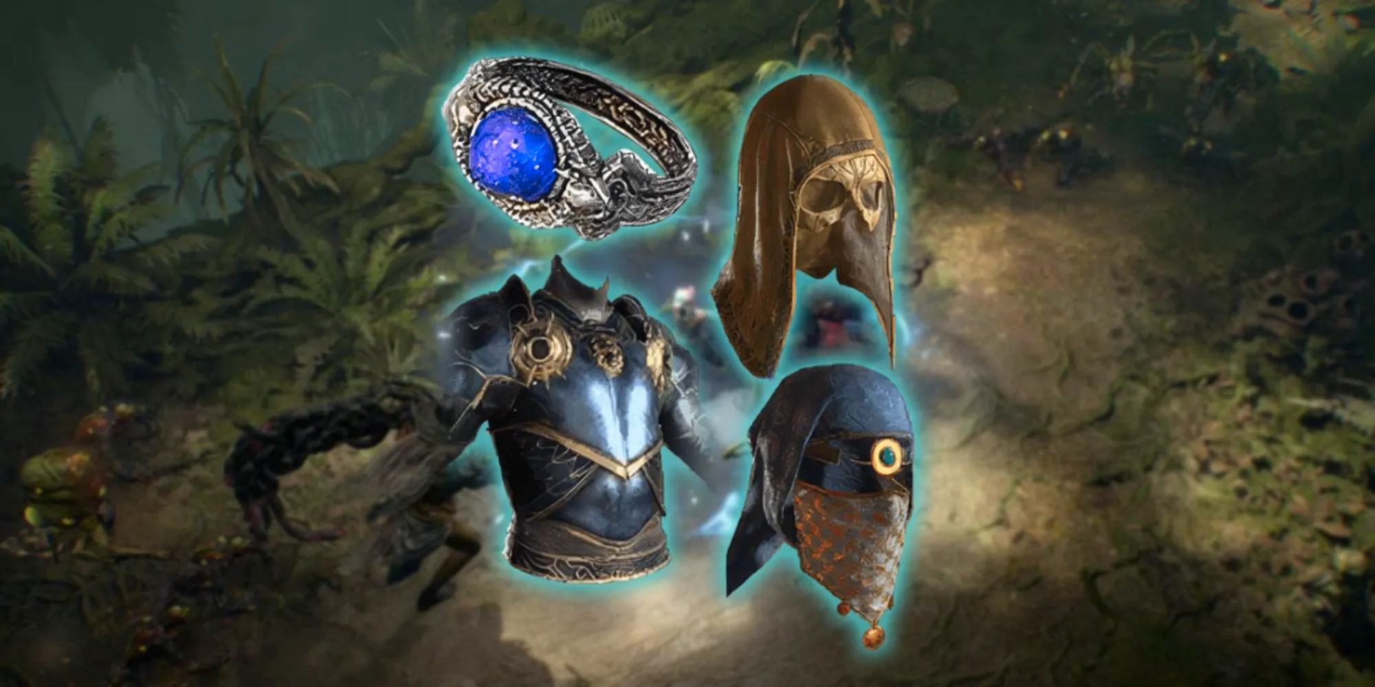 Diablo 4 Mythic Unique items next to background of Vessel of Hatred Season 6 new region Image