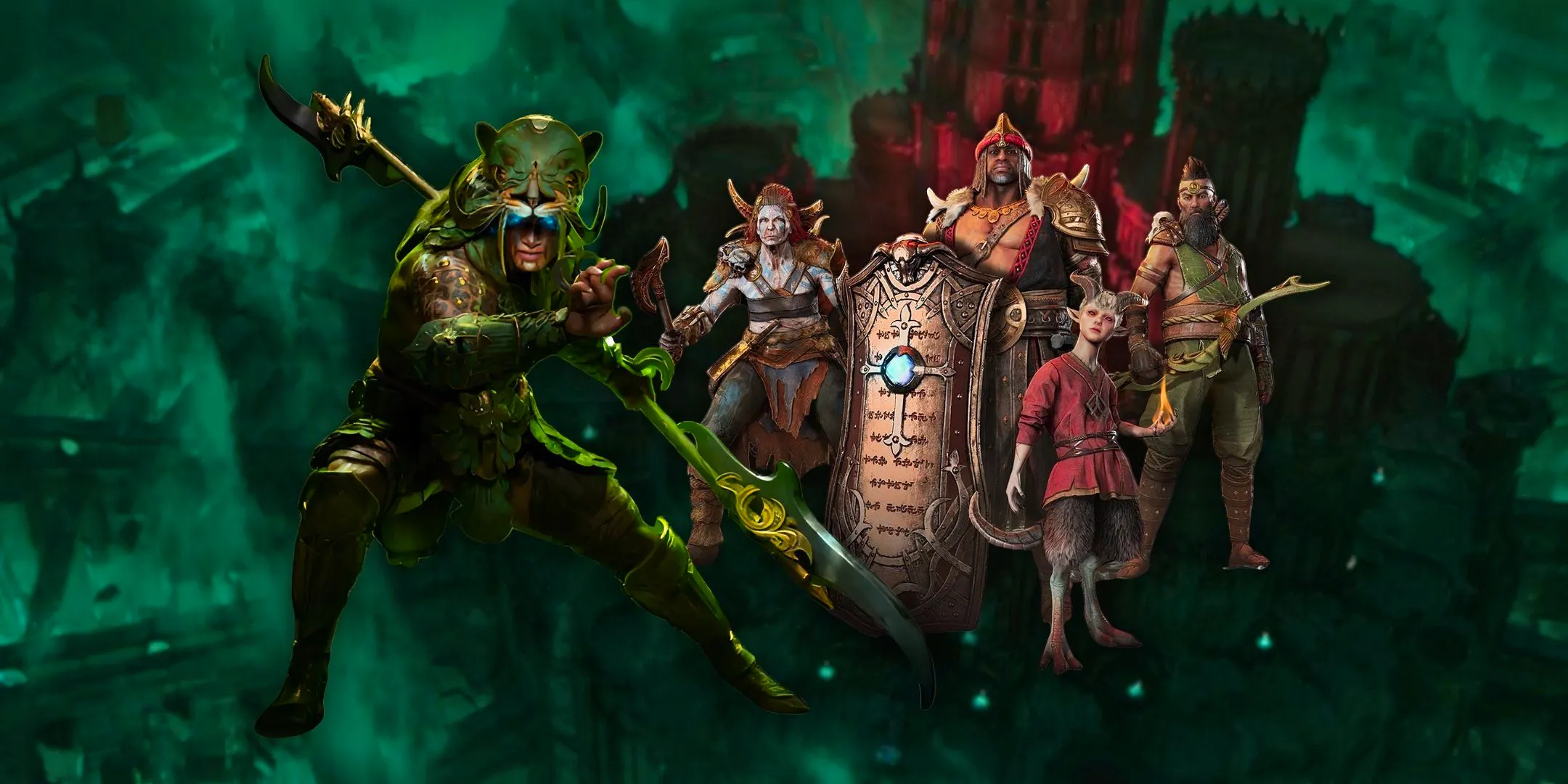 Diablo 4 Vessel of Hatred. Four mercenaries and the new class, Spiritborn, on a background of the Citadel. Image