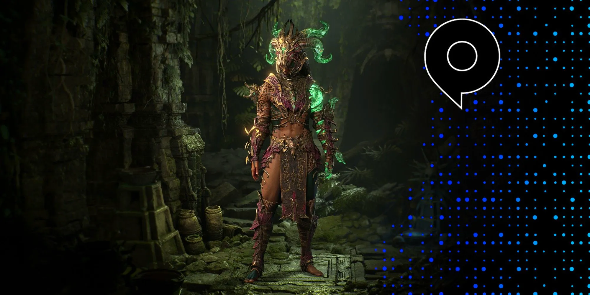 Diablo character in golden armor with a greenish glow coming off of it standing in a stone room, the Gamescom logo is to the left. Image