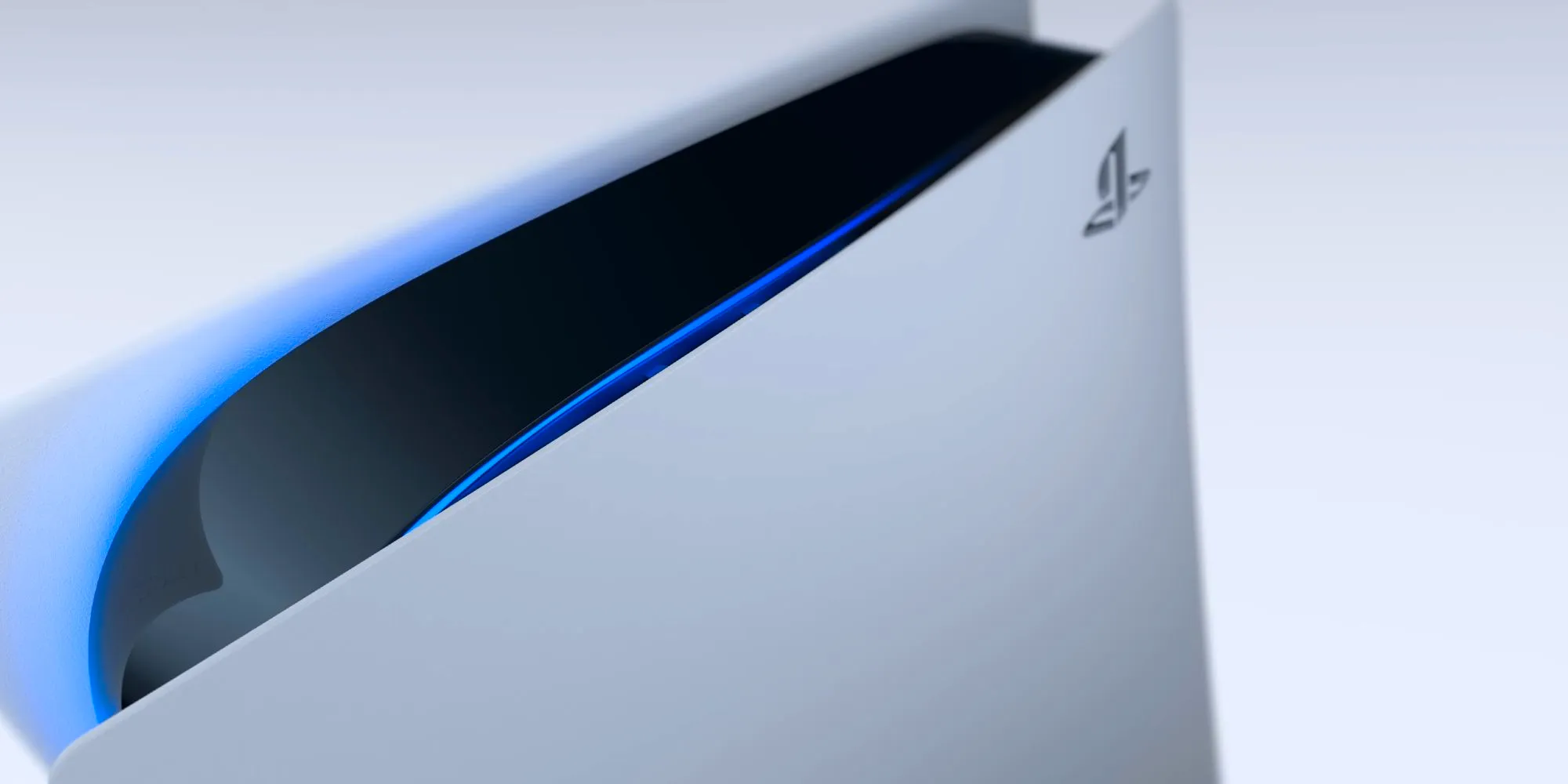 Diagonal Shot Of The Top Of The PlayStation 5 Console With Black PlayStation Logo Visible On A White Background Image