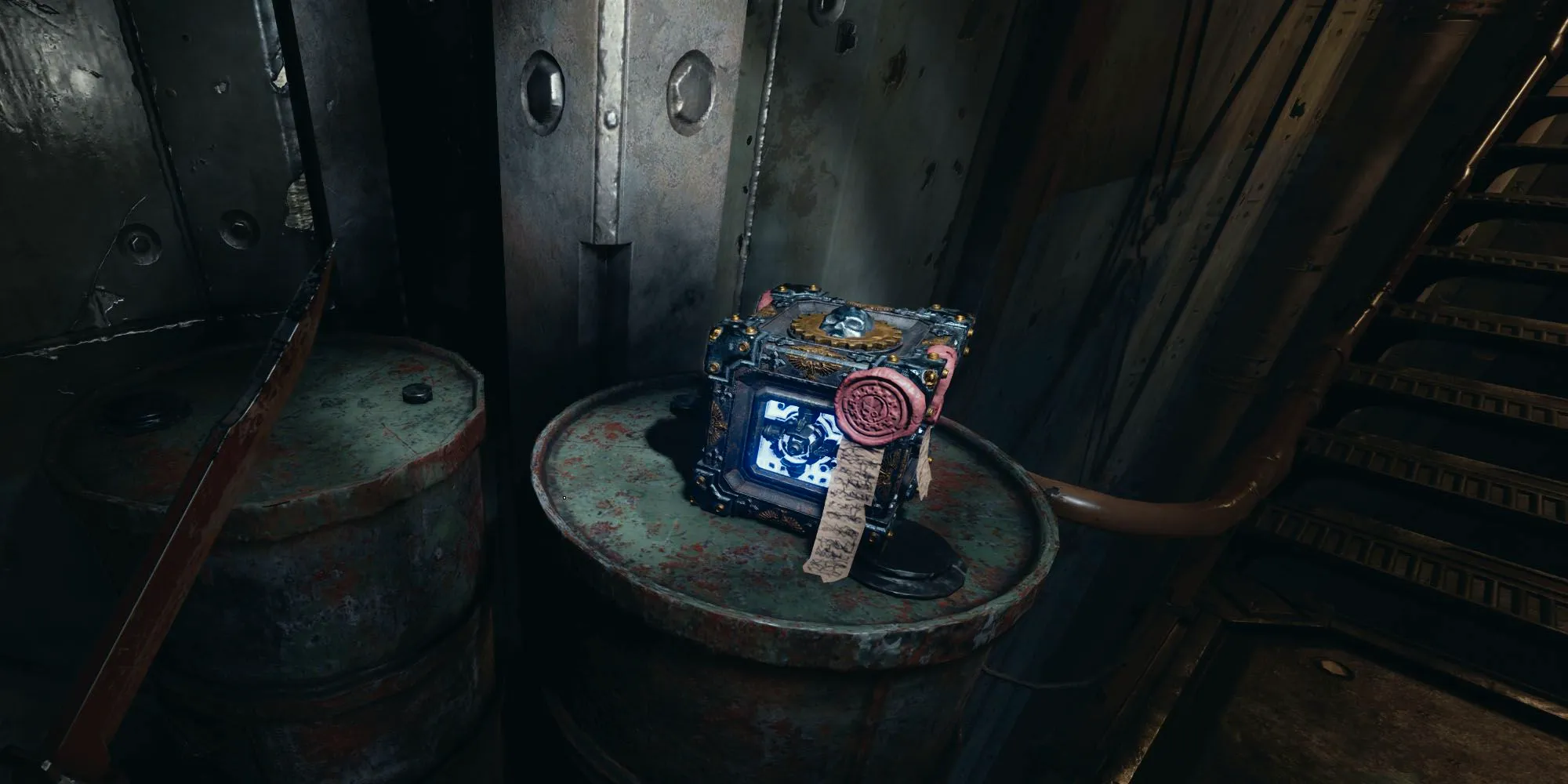 Diamantine sitting on a barrel in Warhammer 40k: Darktide Image