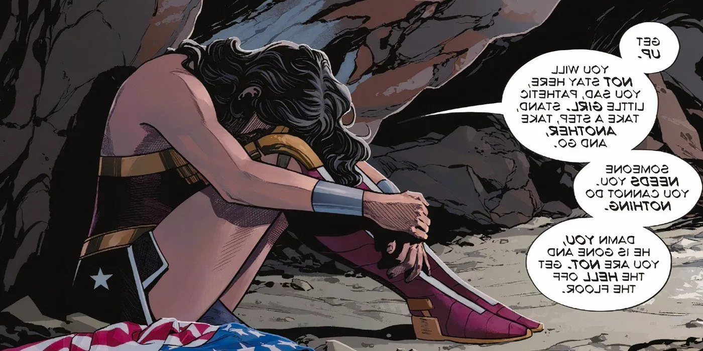 Diana tries to talk herself into getting off the floor as she mourns Steve Trevor in a dark cave Image