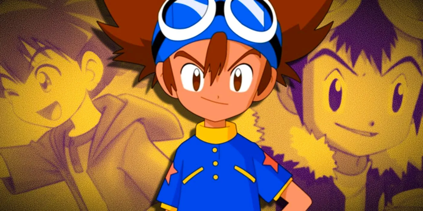 Digimon's Tai, Davis, & Hiro all smiling with Tai looking forward against a yellow backdrop. Image