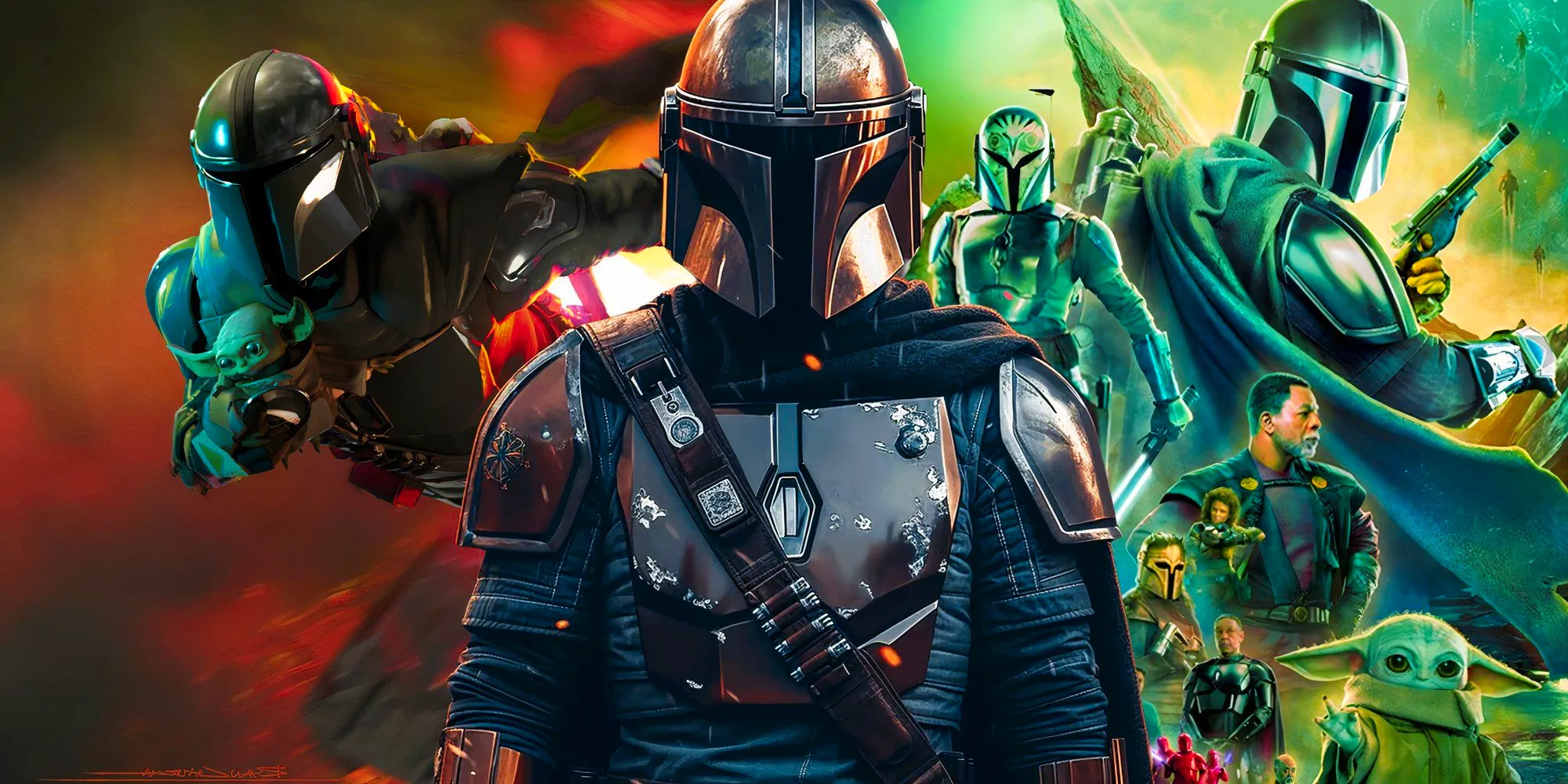 Din Djarin from The Mandalorian season 1 (2019) between the poster for The Mandalorian season 3 (2023) and the artwork for The Mandalorian and Grogu (2026) Image