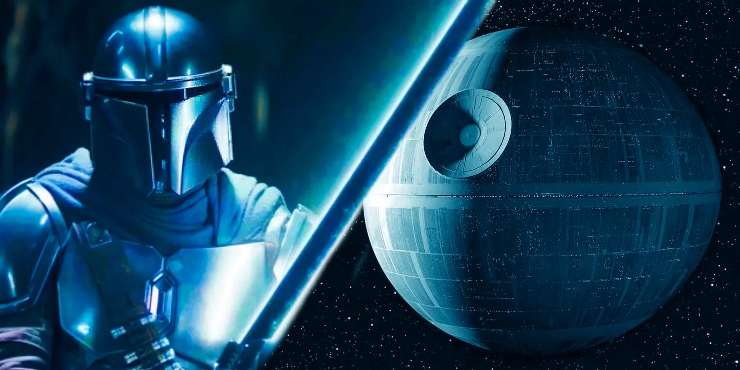 Din Djarin wielding the Darksaber to the right and the Death Star to the left all in a blue hue Image