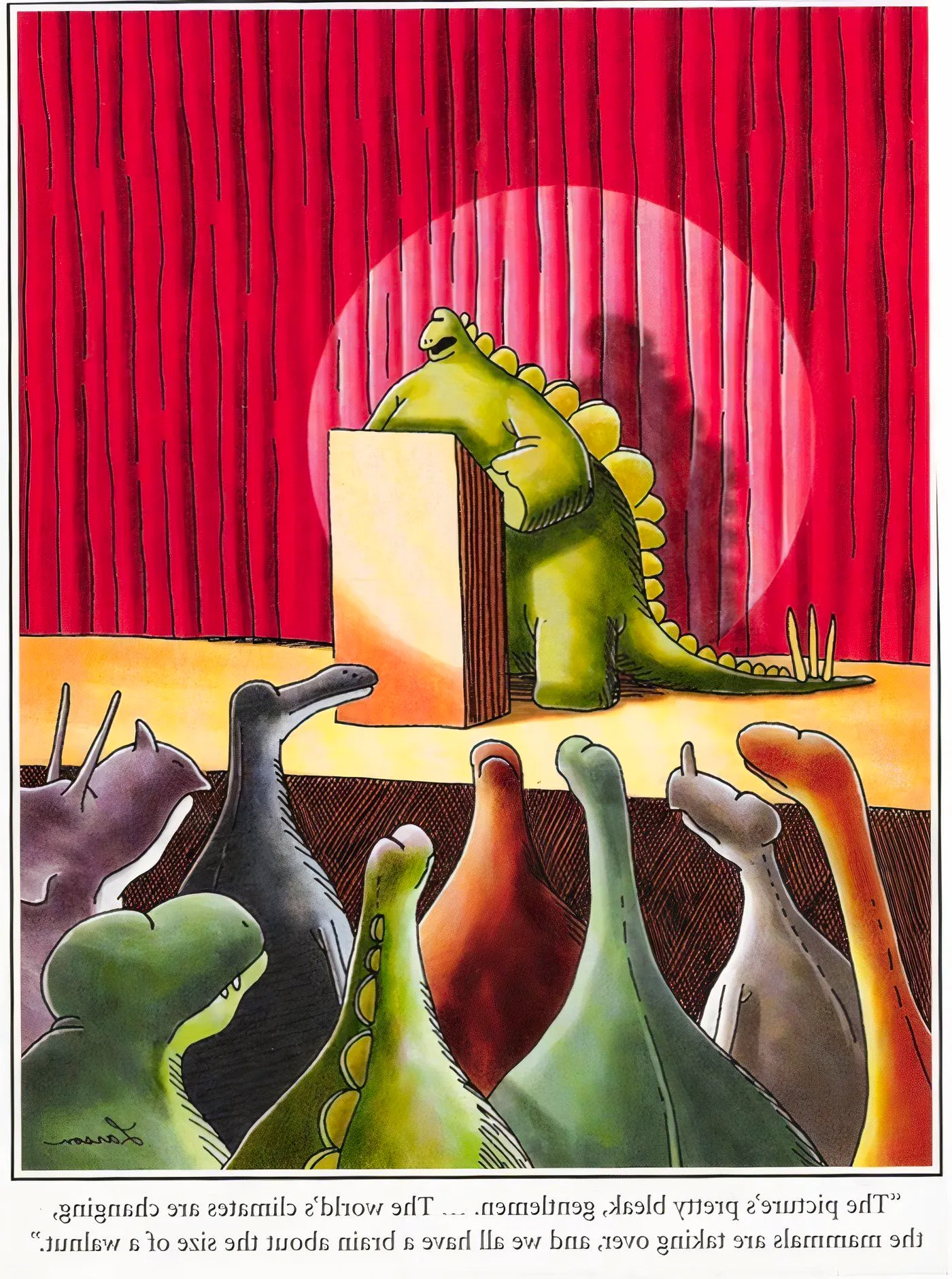 Dinosaurs holding a press conference in The Far Side.  Image