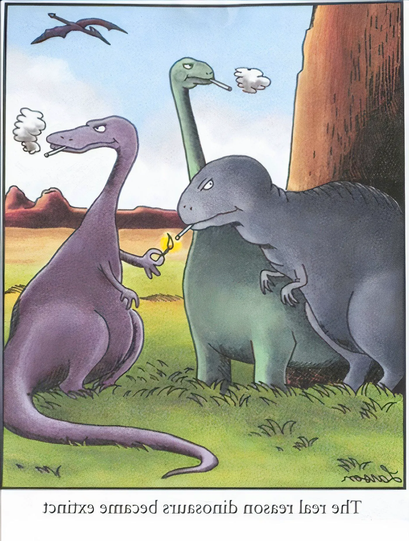 Dinosaurs smoking cigarettes in The Far Side. Image