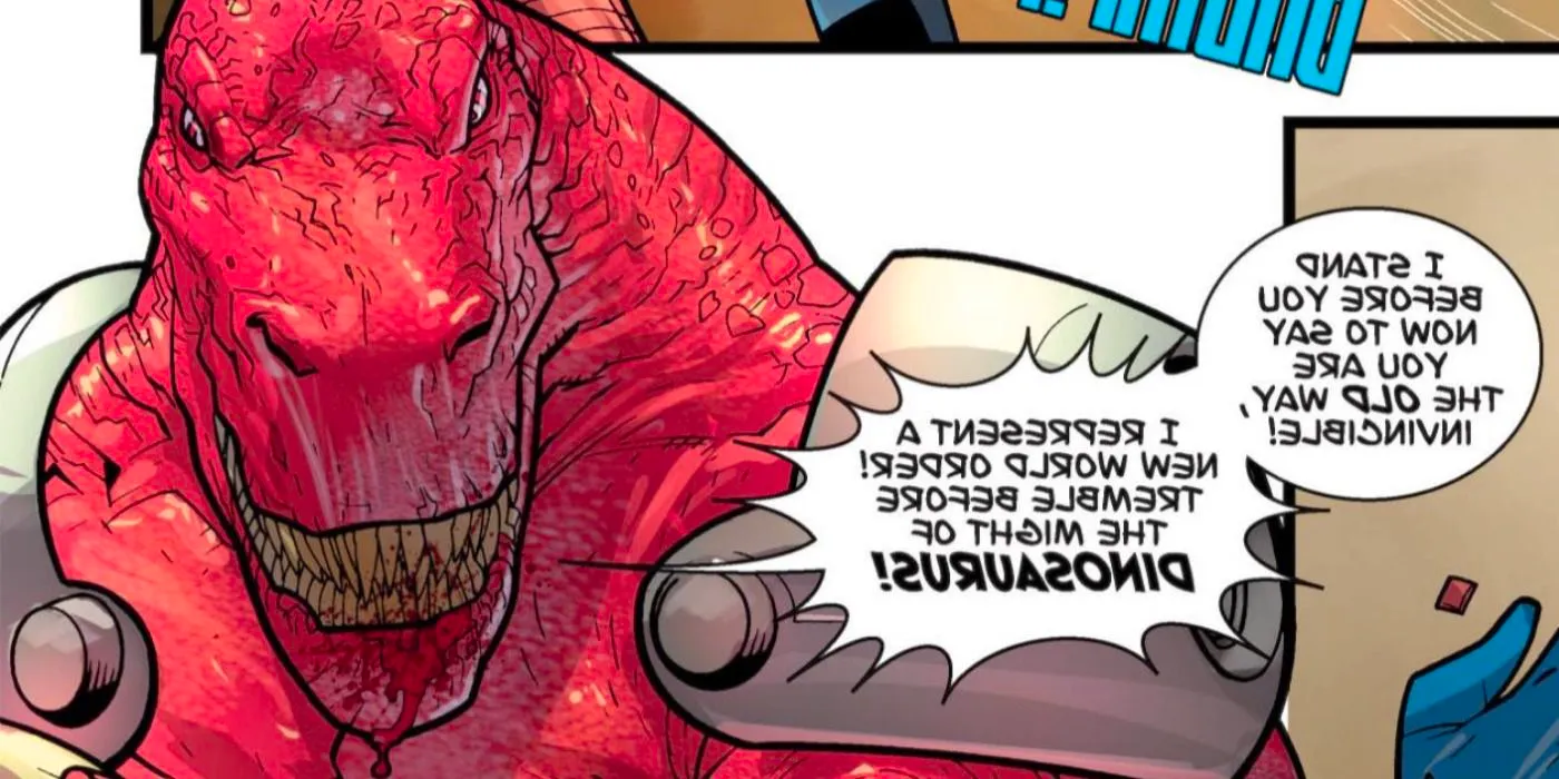 Dinosaurus makes threats in the Invincible comics. Image