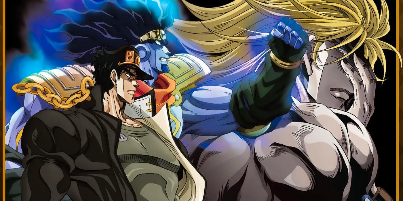 Dio looking away in the background, as Jotaro looks onward and Star Platinum raises a fist. Image