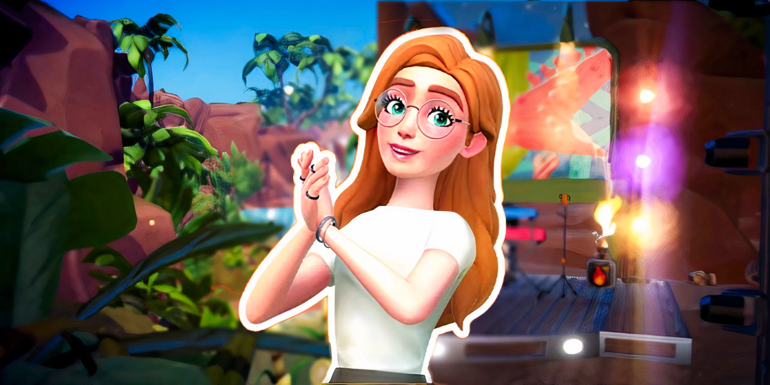 Disney Dreamlight Valley character with brown hair and glasses clasps her hands in delight in front of a jungle and s rock stage. Image