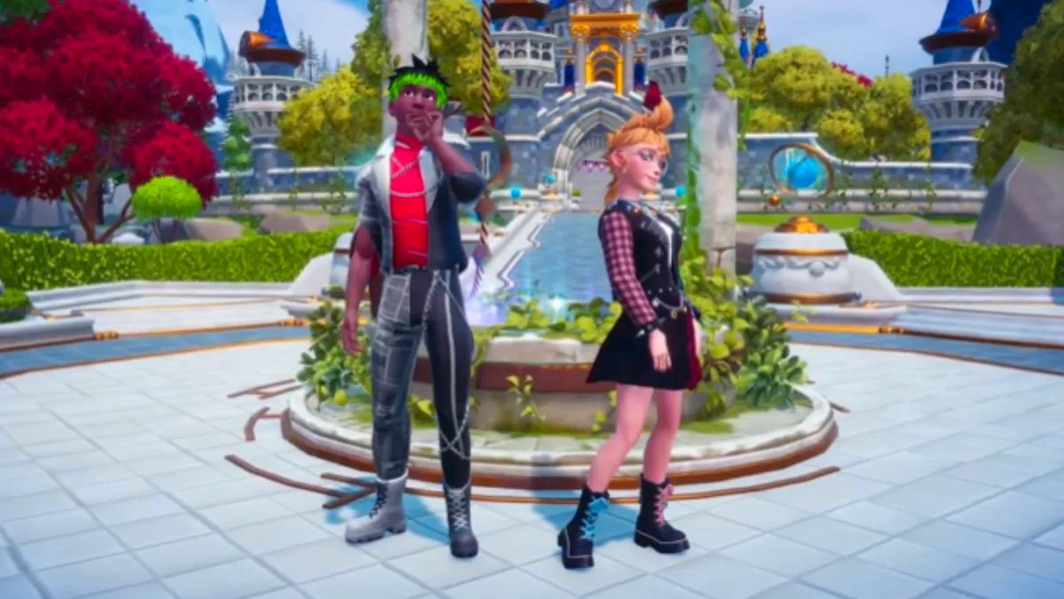 Disney Dreamlight Valley characters show off punky outfits from the Night Show Star Path update. Image