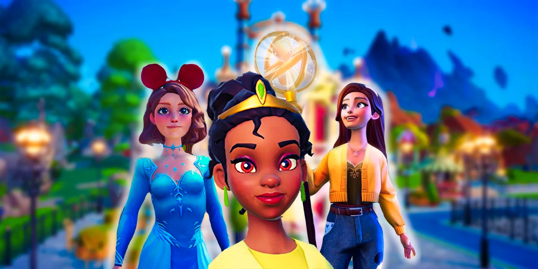 Disney Dreamlight Valley's Tiana in front of two player characters, with a blurred background of the game. Image