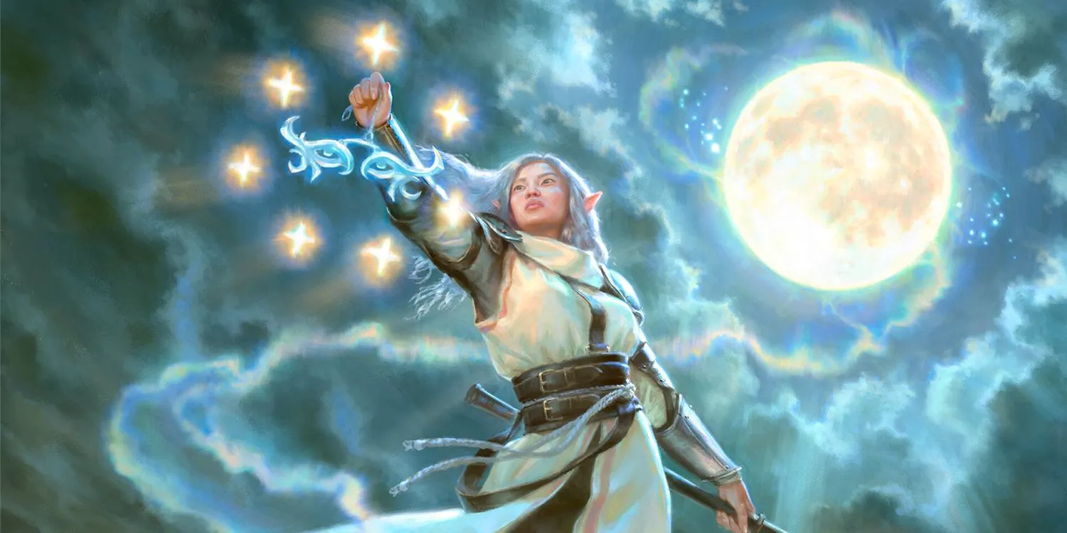 DnD 5e Twilight Cleric casting a spell with the moon at their back. Image