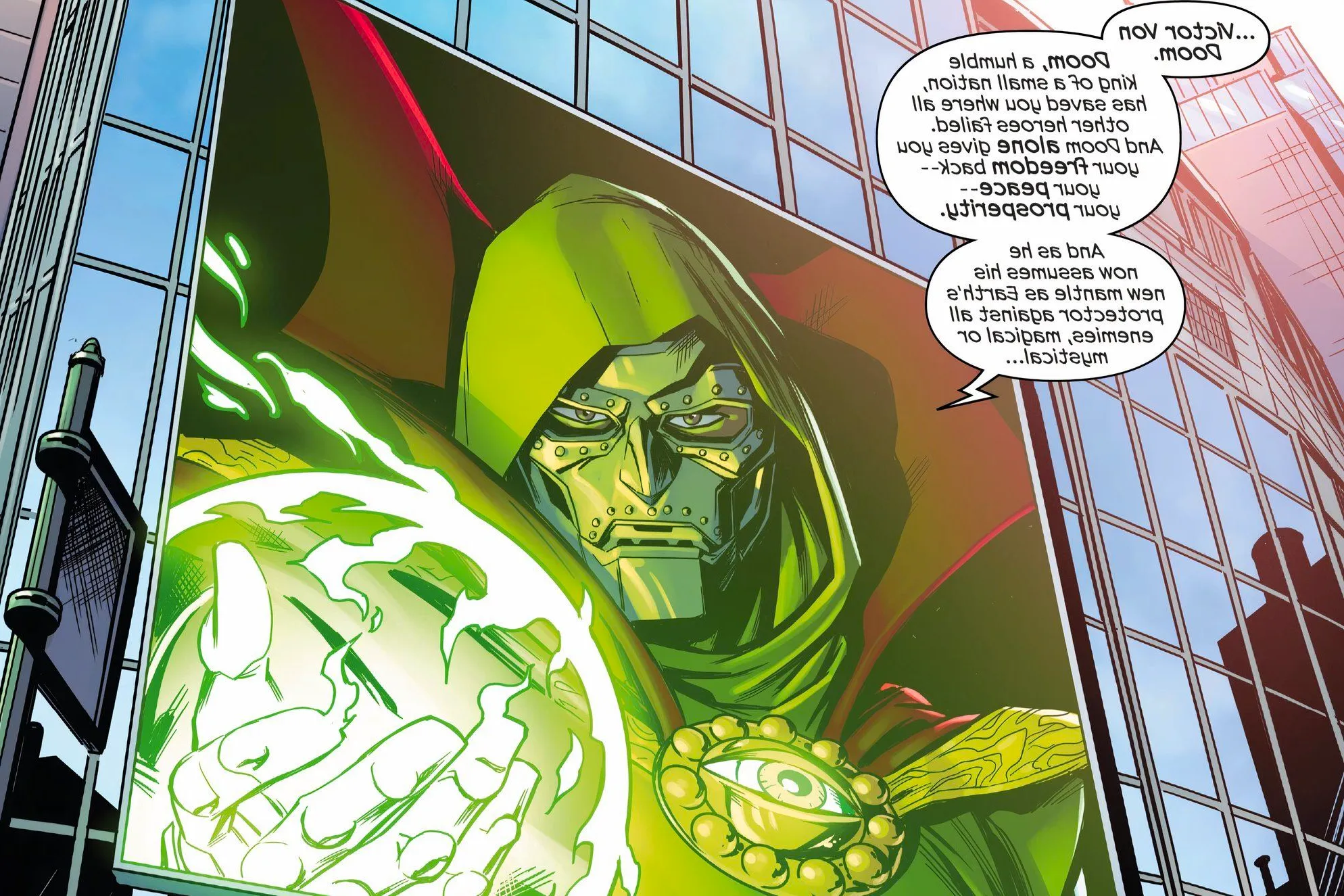 Doctor Doom announces he is the Sorcerer Supreme and that he will bring world peace and prosperity. Image