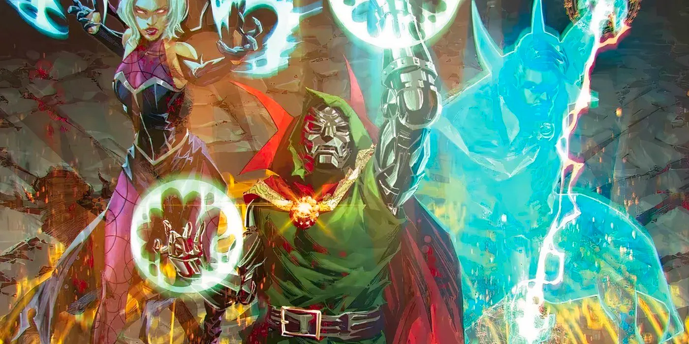 Doctor Doom as Sorcerer Supreme, with the ghost of Dr. Strange & sorceress Clea at his side. Image