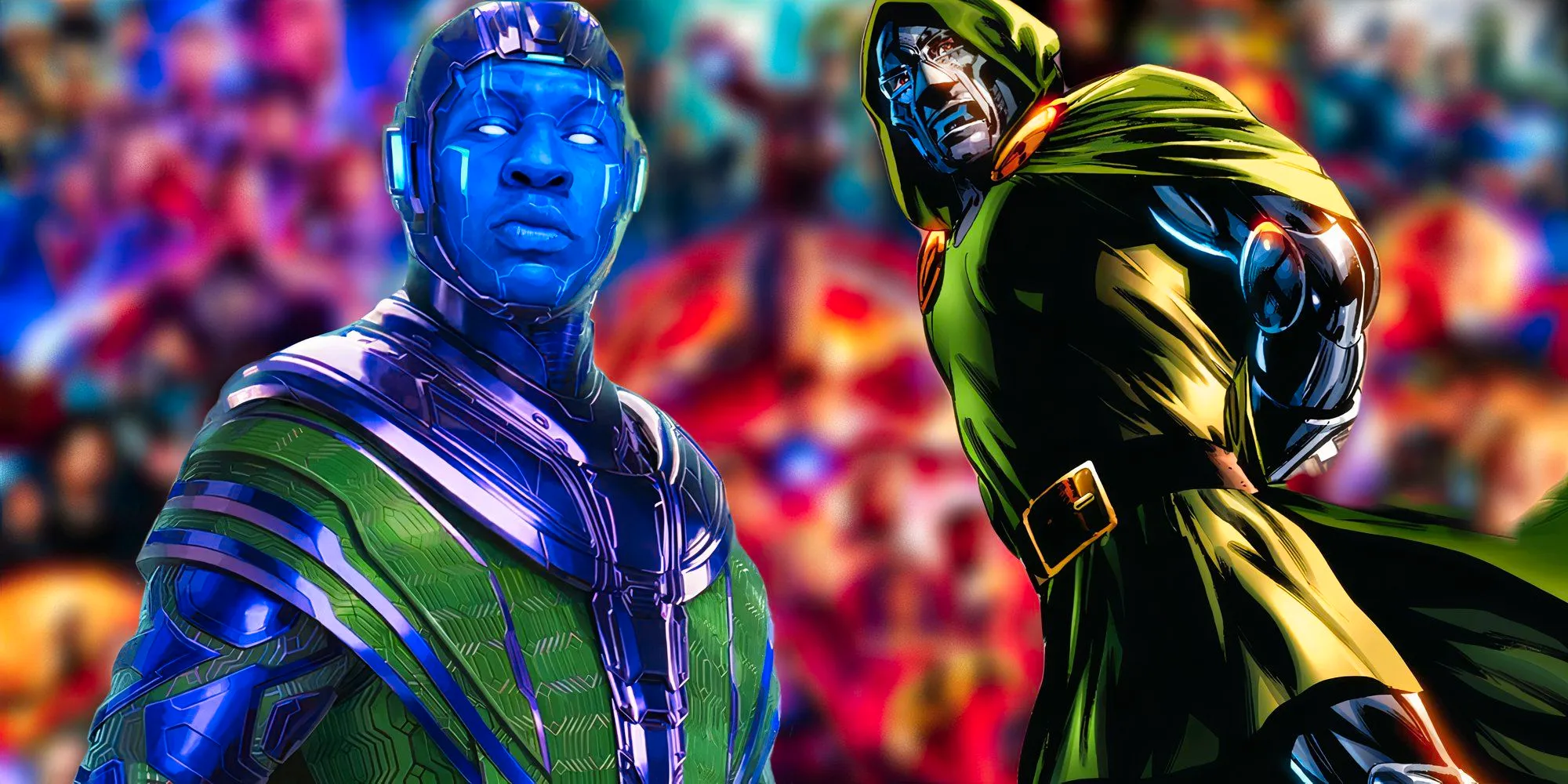 Doctor Doom (left) & Kang the Conqueror (right) above a blurred image of the MCU's Infinity Saga. Image