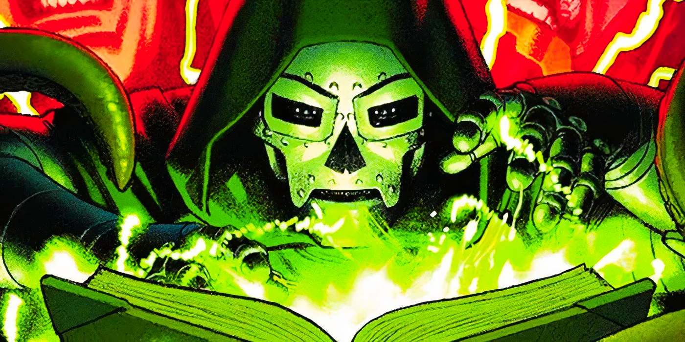 Doctor Doom reading the Darkhold in Marvel Comics Image