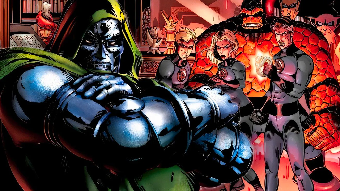 Doctor Doom standing in front of the Fantastic Four with his arms crossed.  Image