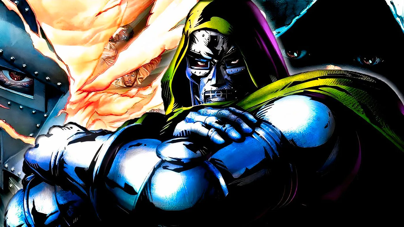 Doctor Doom with his maskless face behind him. Image