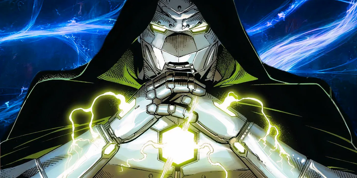 Doctor Doom with power surging through his gauntlets, in front of the MCU's branching timelines. Image