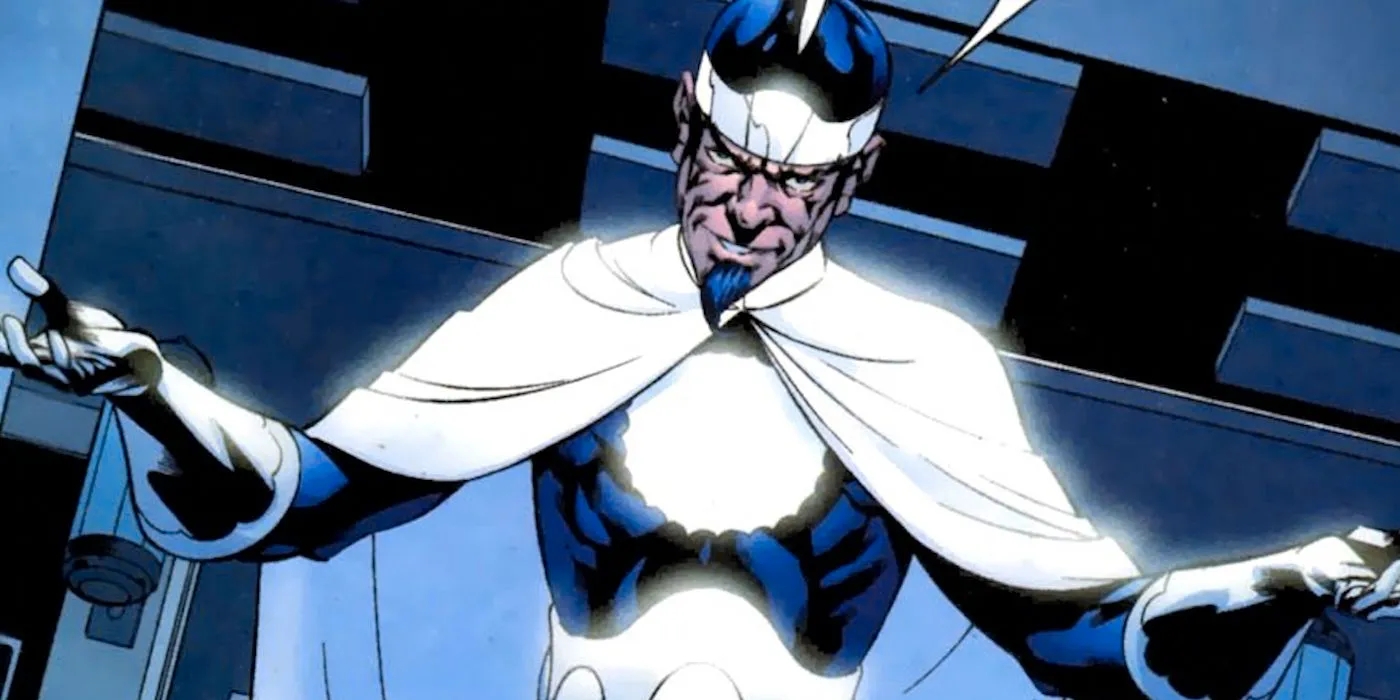 Doctor Light standing, using his arms to spread his cape. Image