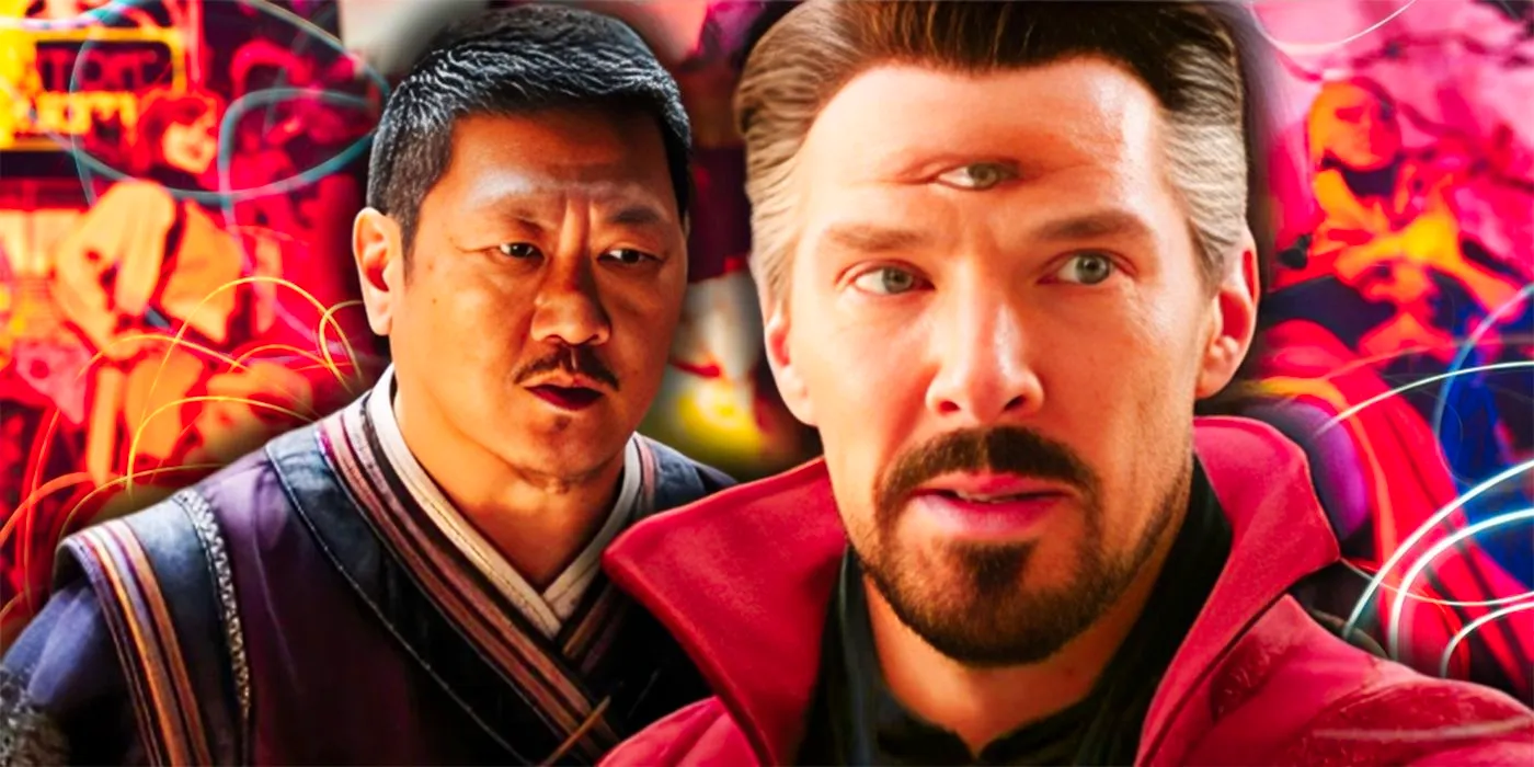 Doctor Strange with a Third Eye and Wong in Front of a Marvel Comic Background Image