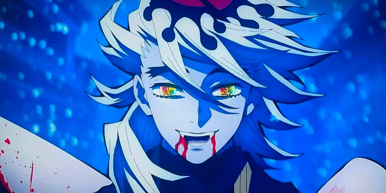 Doma smiles hungrily, backlit in blue with blood running from his mouth and staining his clothes, in Demon Slayer. Image