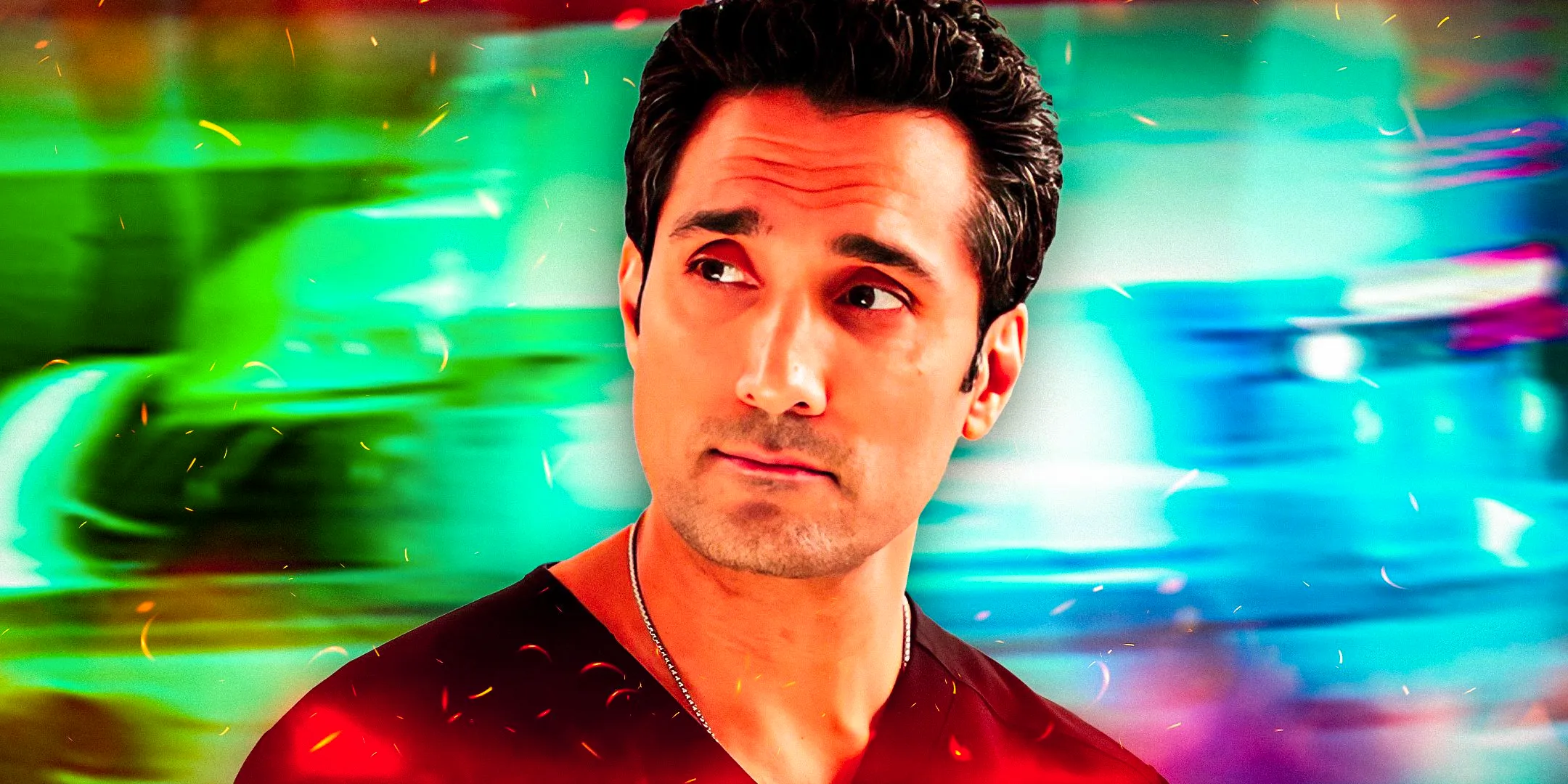 Dominic Rains in Chicago Med, wearing a red shirt. Image