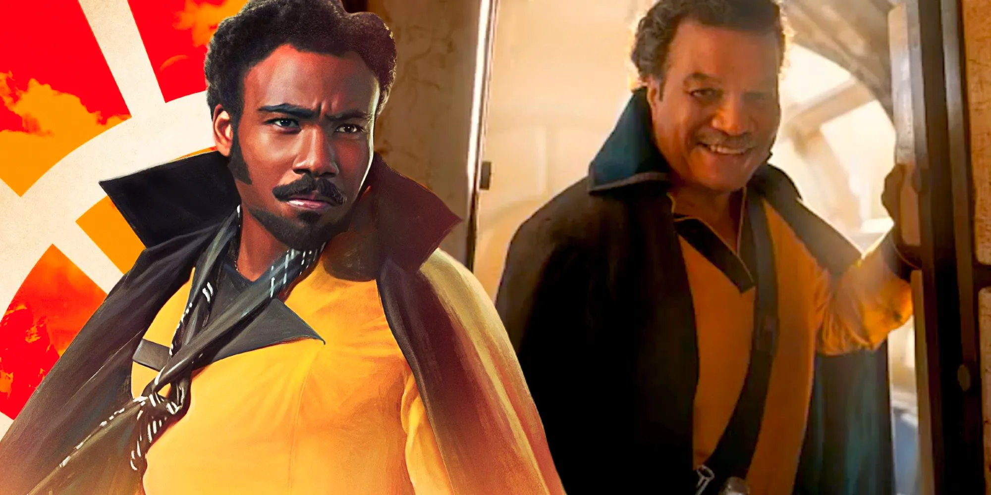 Donald Glover as Lando in the poster for Solo next to Billy Dee Williams as Lando in Rise of Skywalker Image