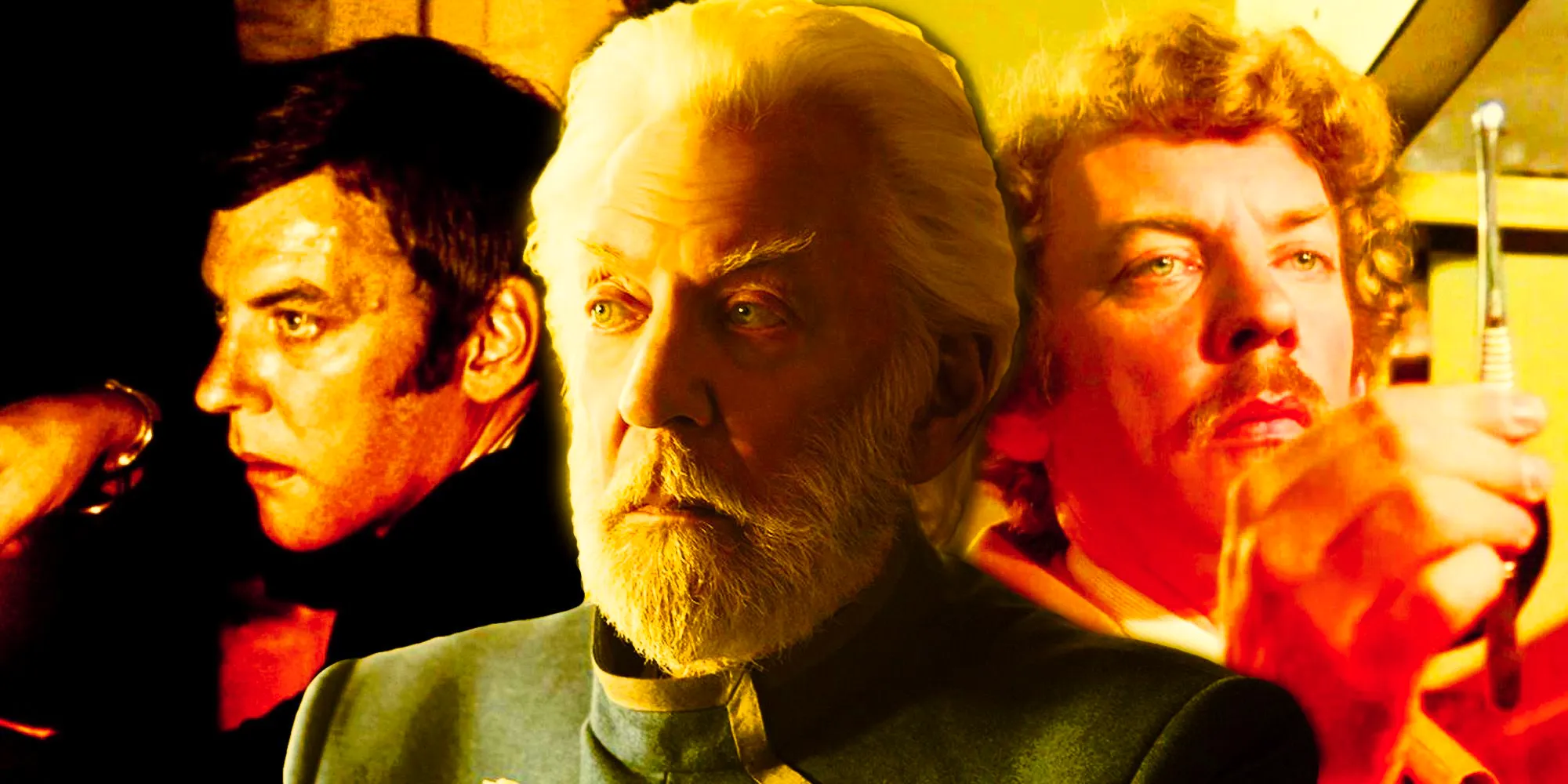 Donald Sutherland his characters in Klute, Invasion of the Body Snatchers, and The Hunger Games Image