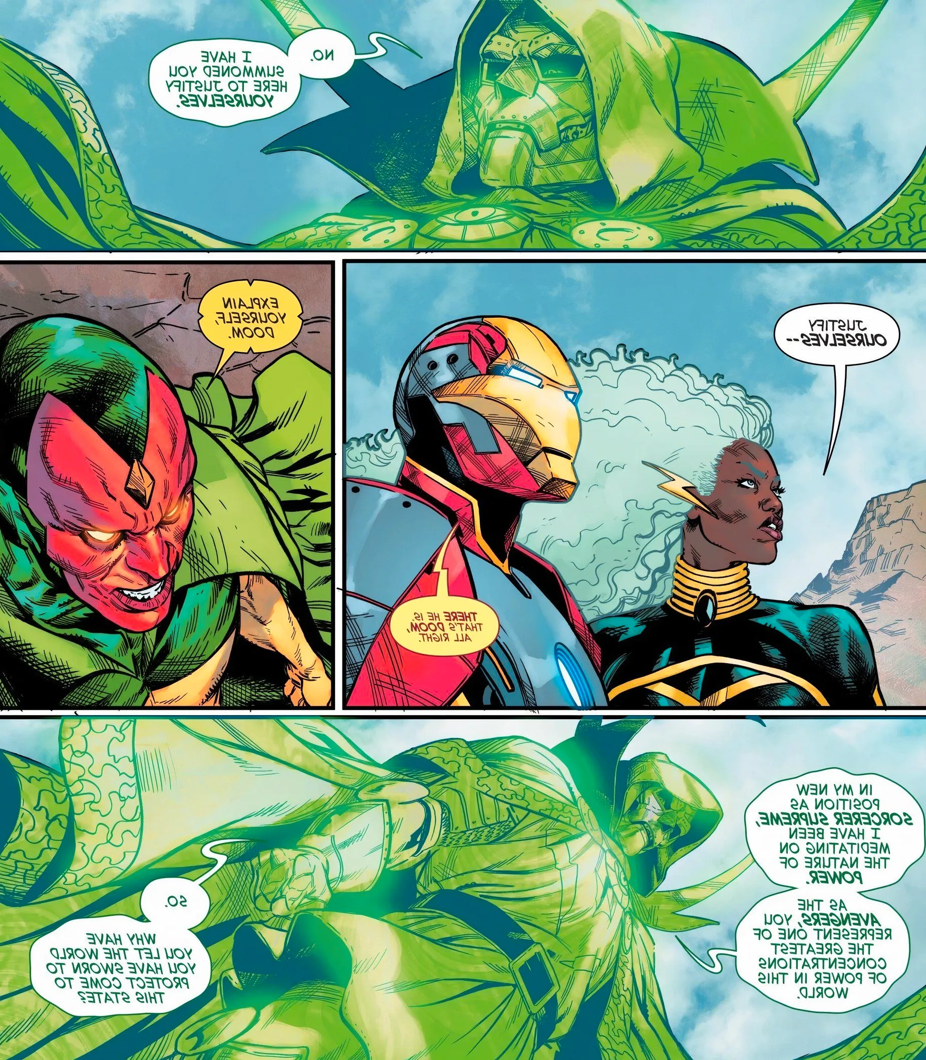 Doom Demands the Avengers to justify themselves for failing to protect the world. Image