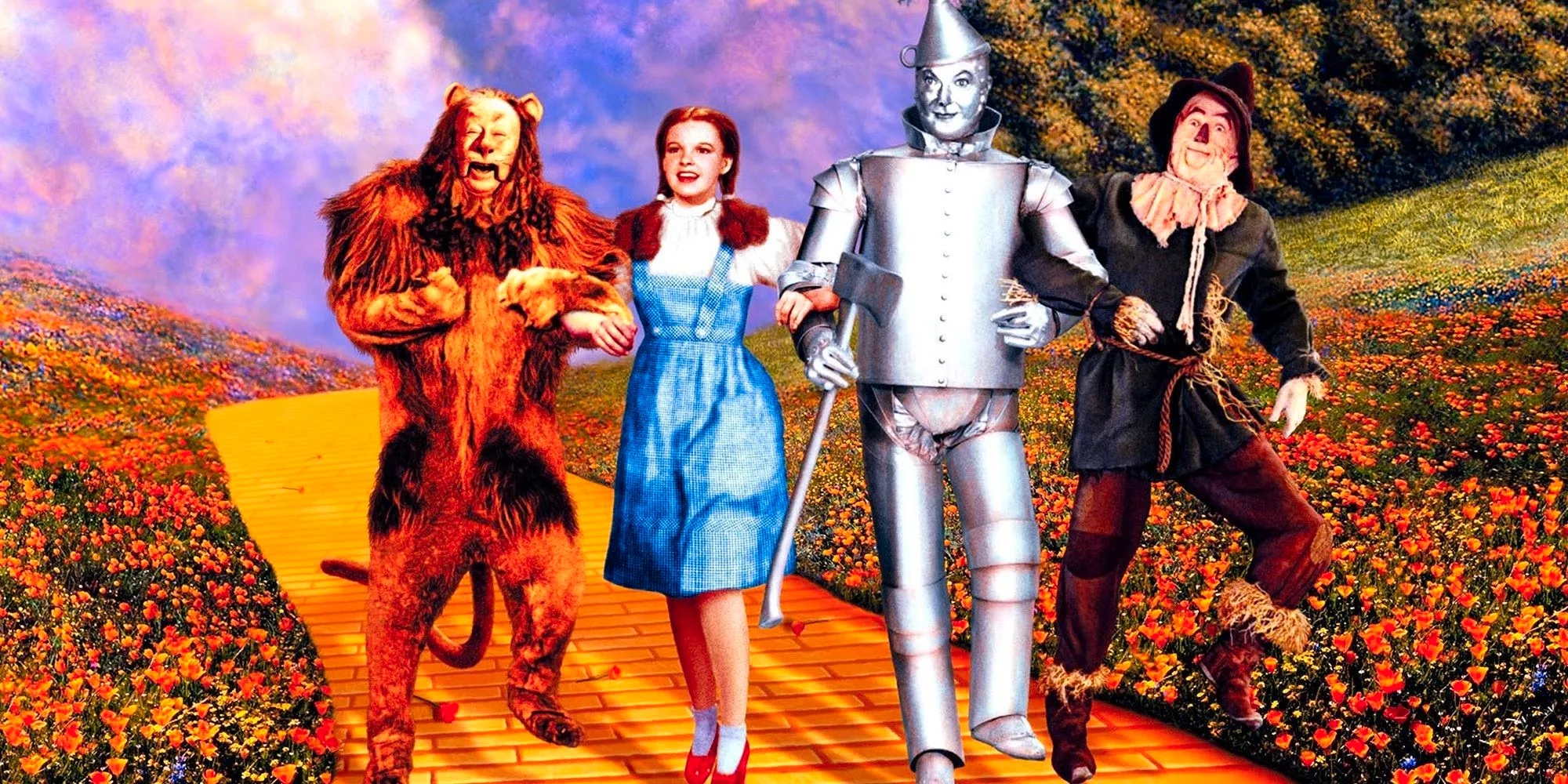 Dorothy and her friends walk down the yellow brick road in The Wizard of Oz Image