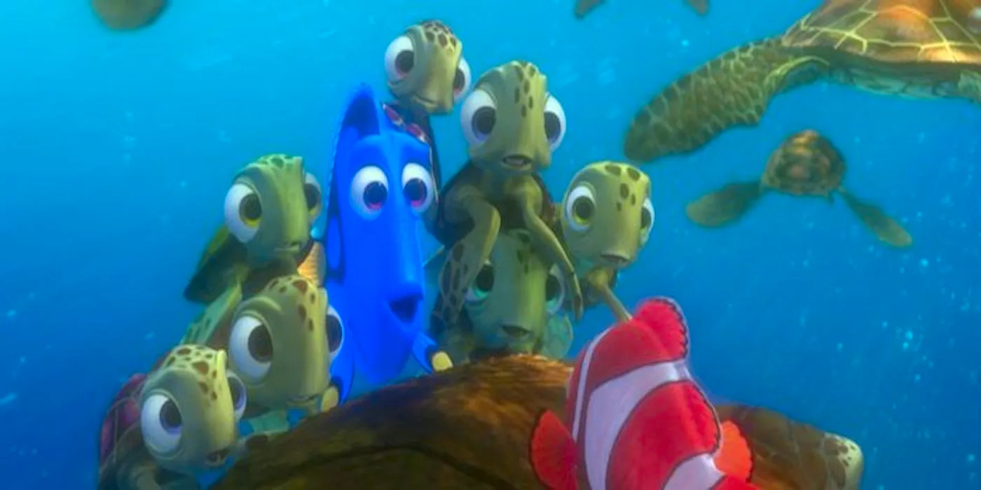 Dory with baby turtles looking at Marlin (with his 