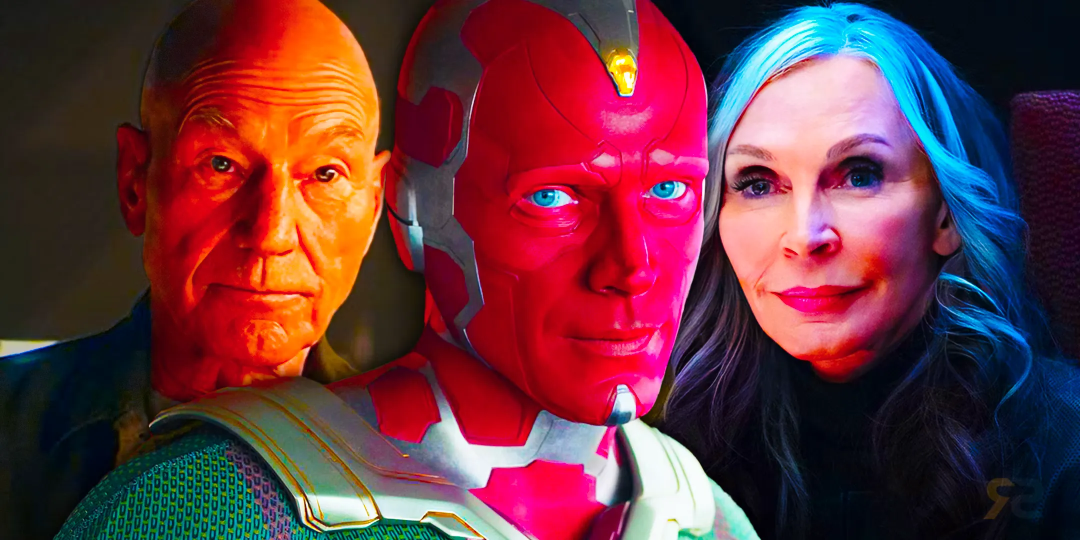 Dr Beverly Crusher and Admiral Picard behind Paul Bettany as Marvel's Vision Image