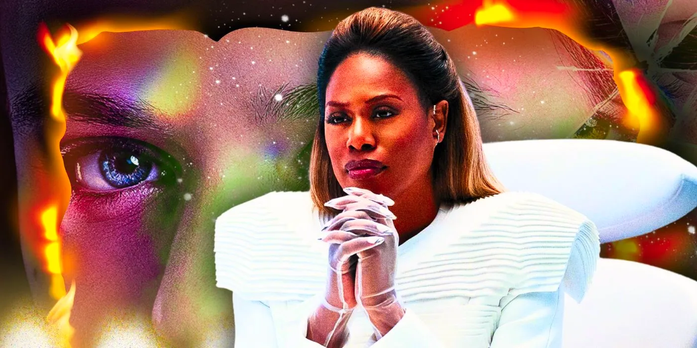 Dr. Cable (Laverne Cox) with her hands folded and a face behind her in Uglies Image