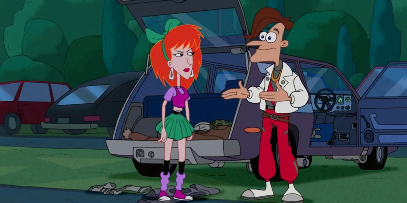 Dr. Doofenshmirtz and Linda on a date when they were young, dressed in 80s outfits in Phineas and Ferb. Image