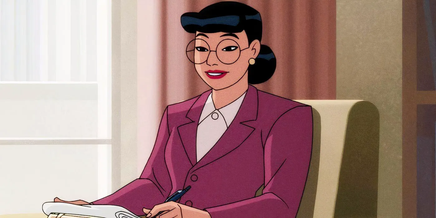 Dr Harleen Quinzel smiling and looking sideways in Batman Caped Crusader Image