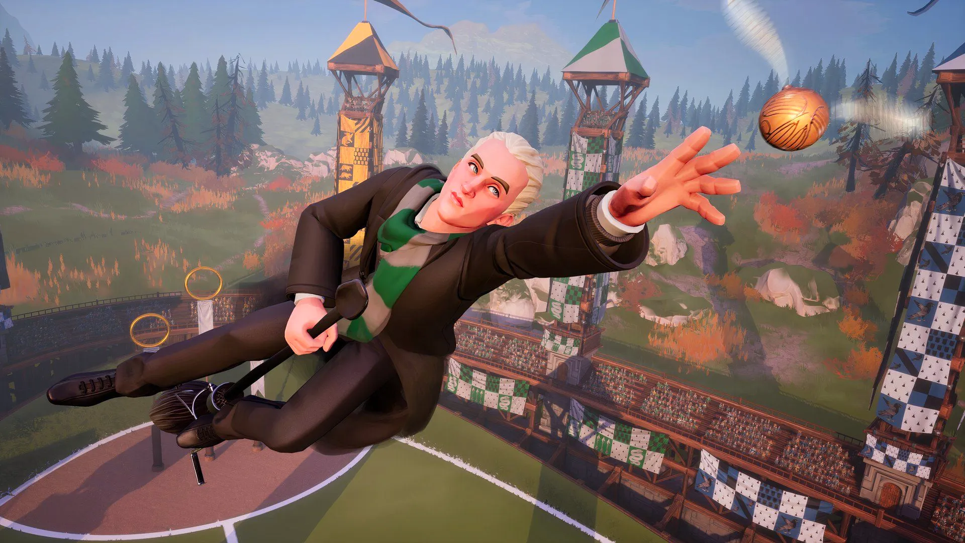 Draco Malfoy on a broomstick reaching for a Snitch during a match of Harry Potter: Quidditch Champions Image