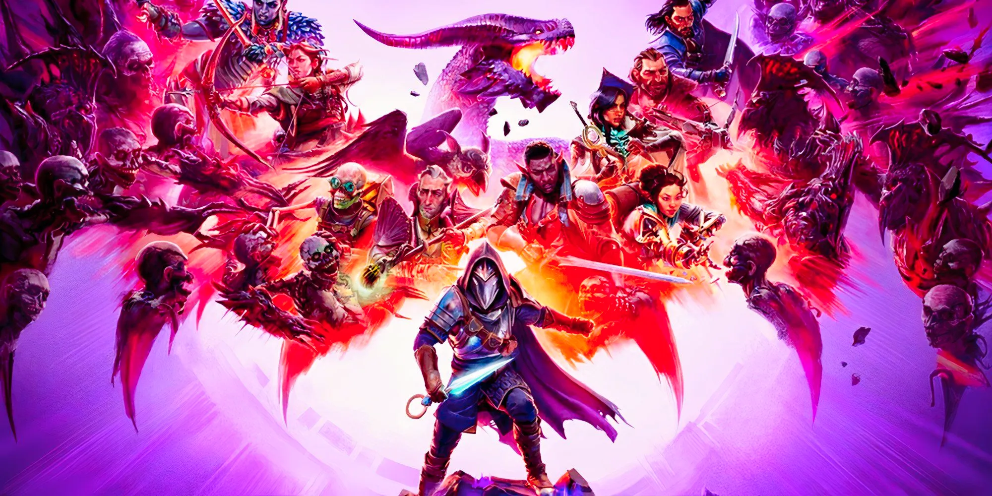 Dragon Age The Veilguard key art showing all characters in battle poses on a purple background. Image