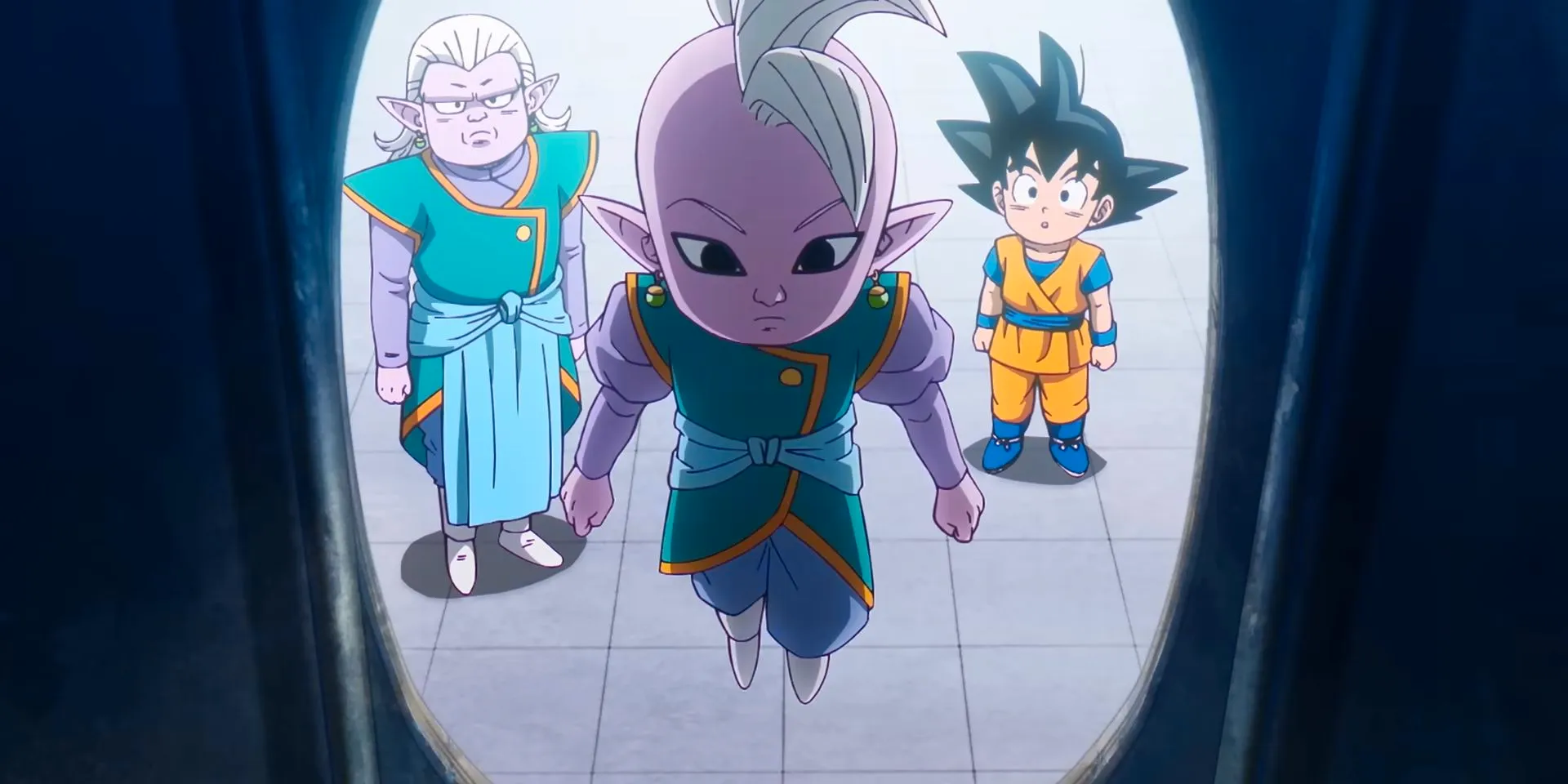 Dragon Ball Daima teaser shows chibi versions of Supreme Kai Shin, Goku, and Kibito observing an open metal doorway Image