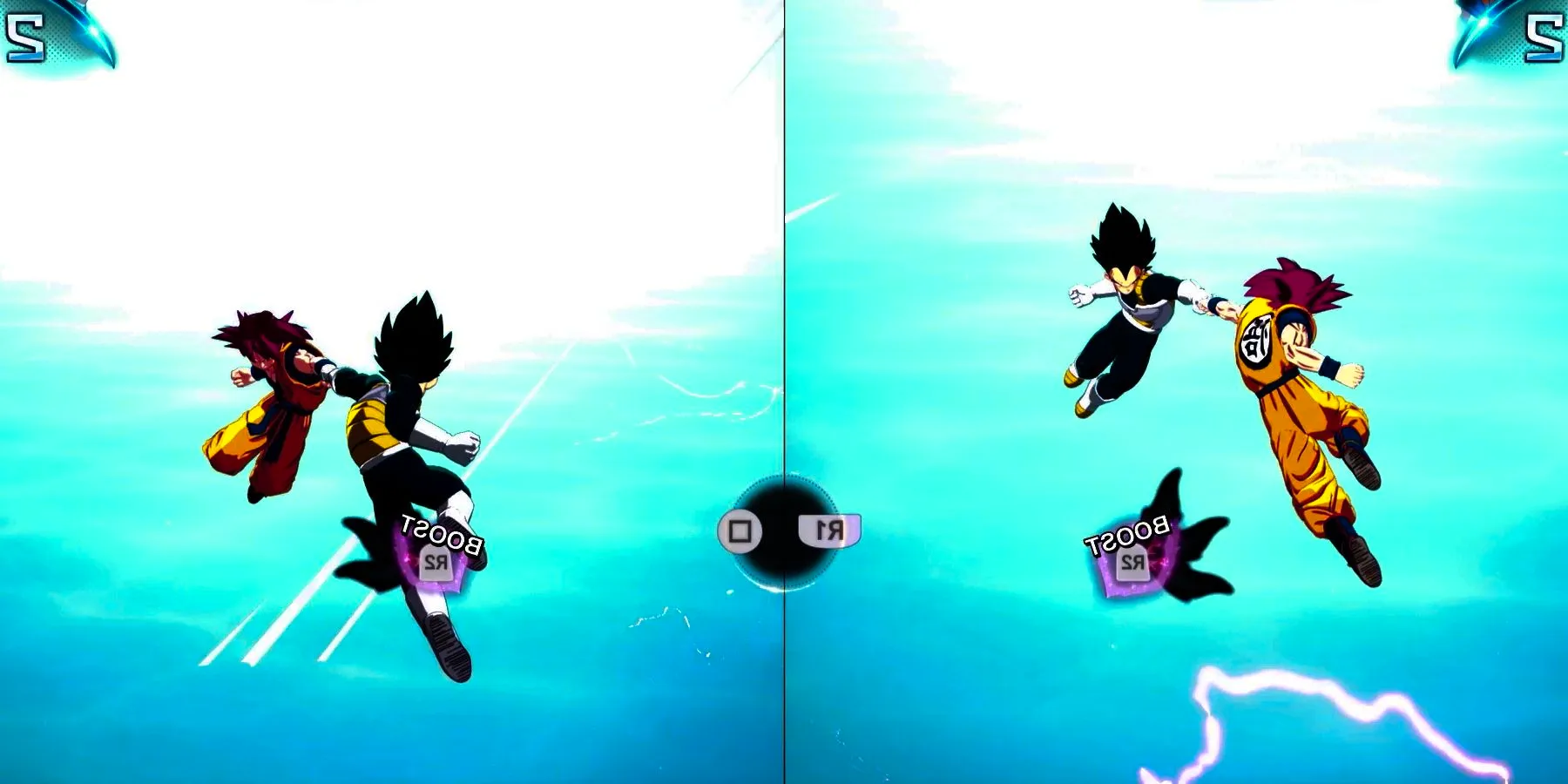 Dragon Ball: Sparking Zero gameplay of a split-screen battle in the Hyperbolic Time Chamber between Goku & Vegeta Image