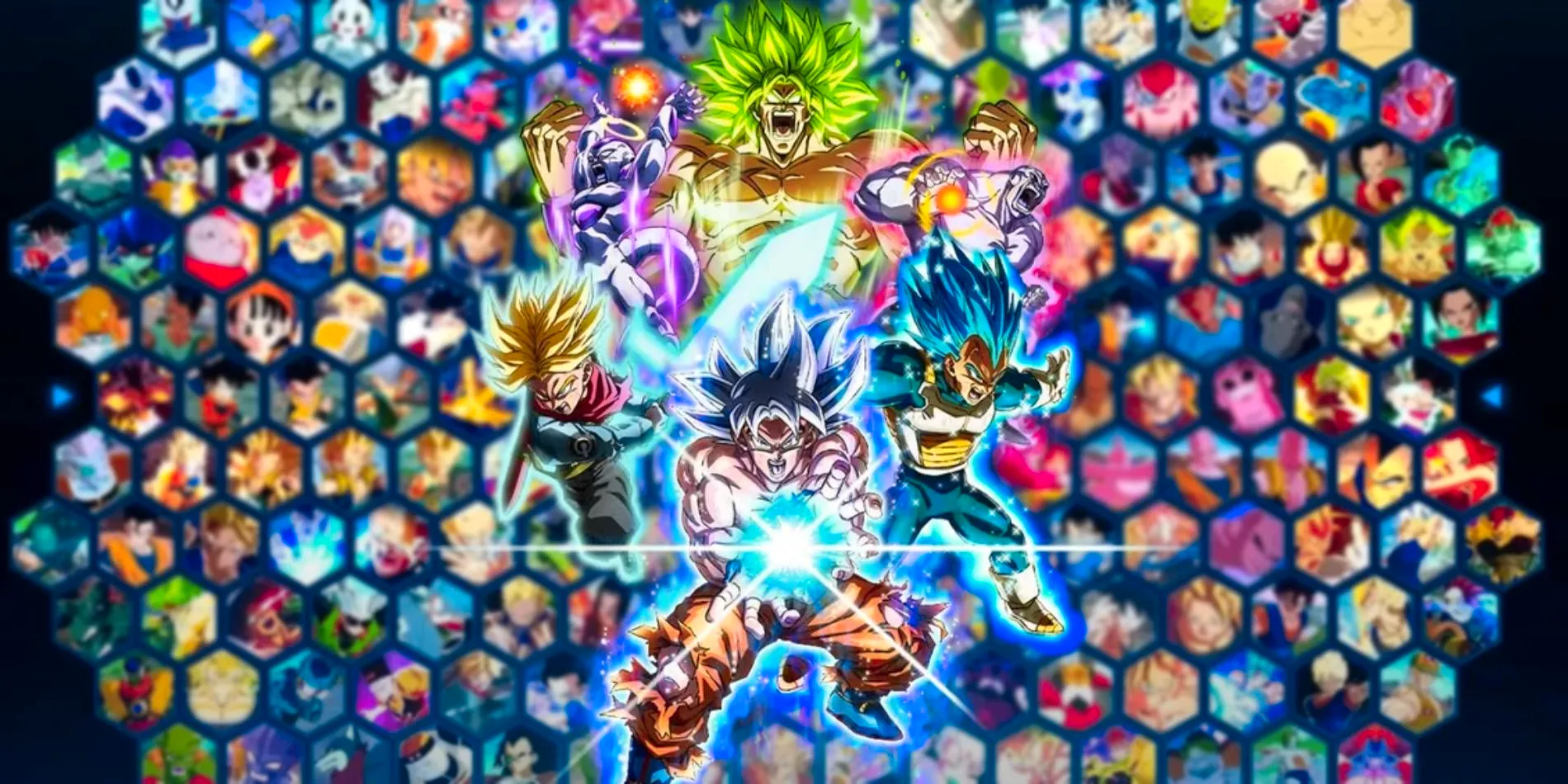 Dragon Ball Sparking! Zero Goku, Trunks, Broly, Freiza, Vegeta, and Jiren in front of game's full roster of fighters Image