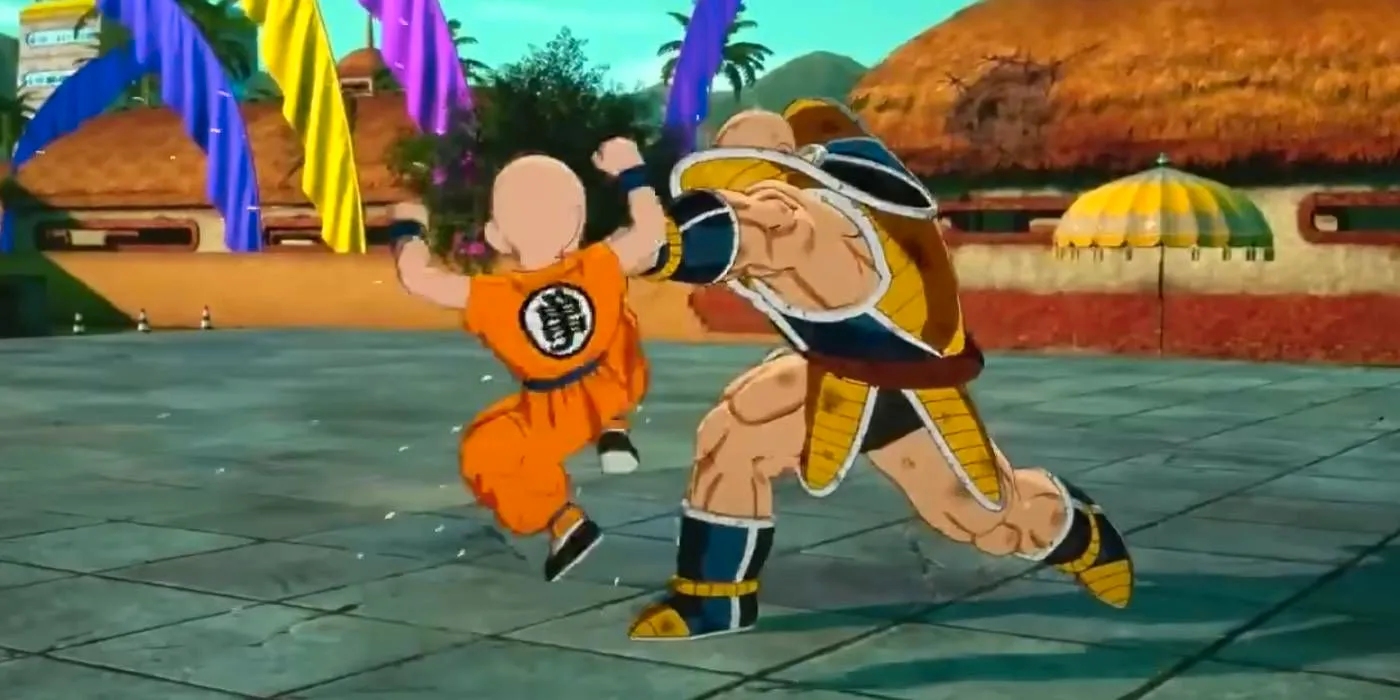 Dragon Ball Sparking Zero Krillin using Wild Sense to dodge and counter Nappa's attack Image